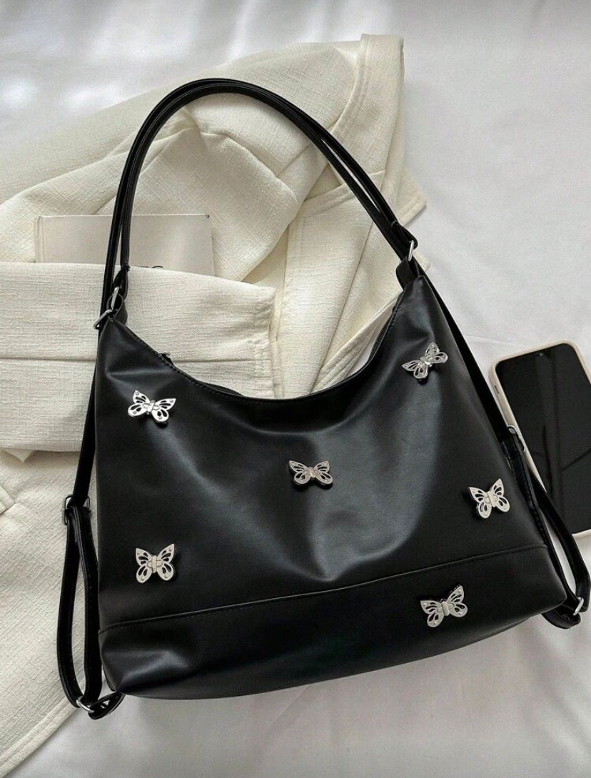 Solid Color Stone Pattern Bowknot PU Leather Shoulder & Backpack – Black