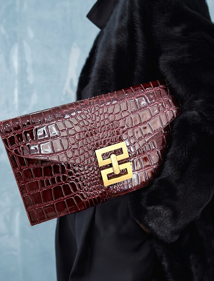 New Design Mini Envelope Bag – Crocodile Pattern Vintage Clutch ( Black, Burgundy & Gold )