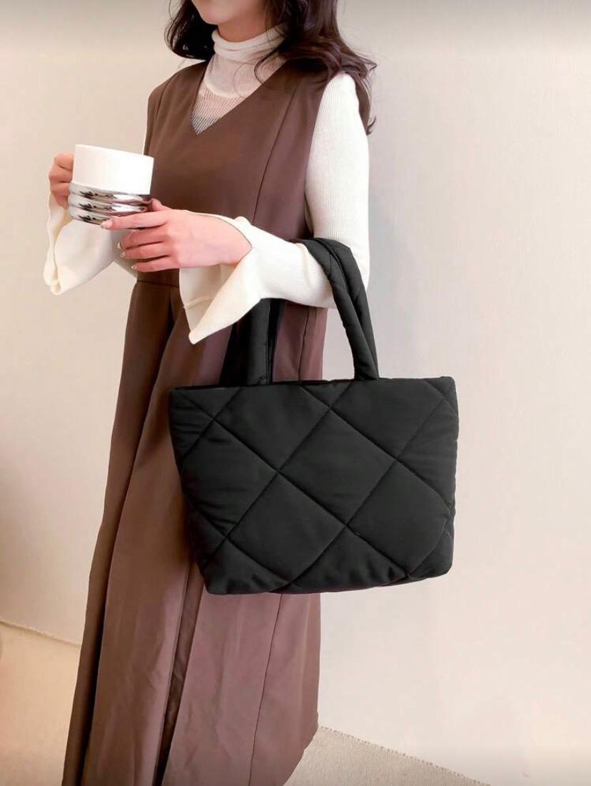 Fashionable Quilted Embroidery Tote Bag – Black Multifunctional Fabric Shoulder Handbag