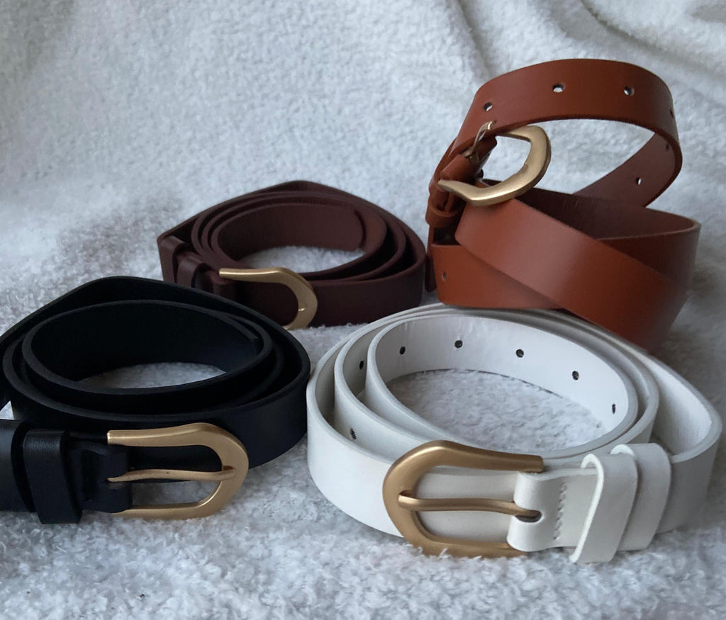 Women’s Pointed-End Belt – Gold Buckle (White, Black & Brown Shades)
