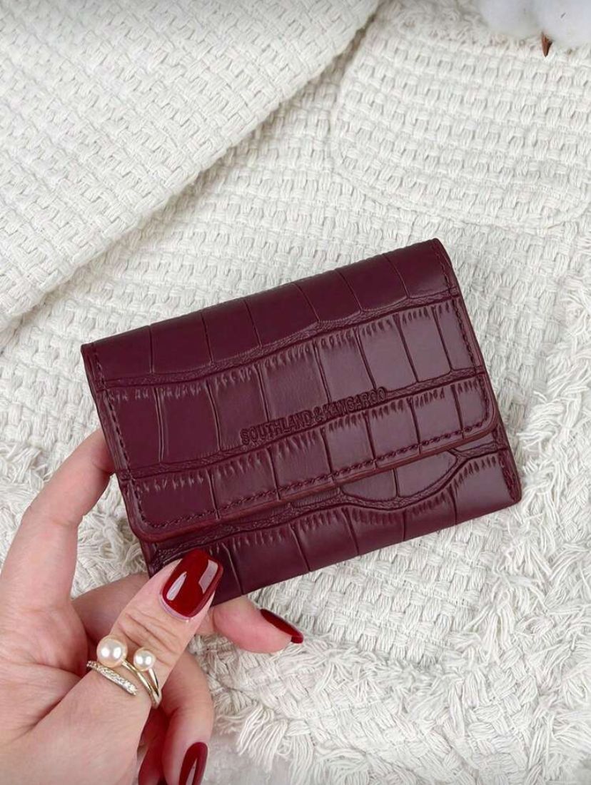 Burgundy Letter Embossed Flip Cover Mini Wallet – Slim Bi-Fold Card & Coin Holder for Women