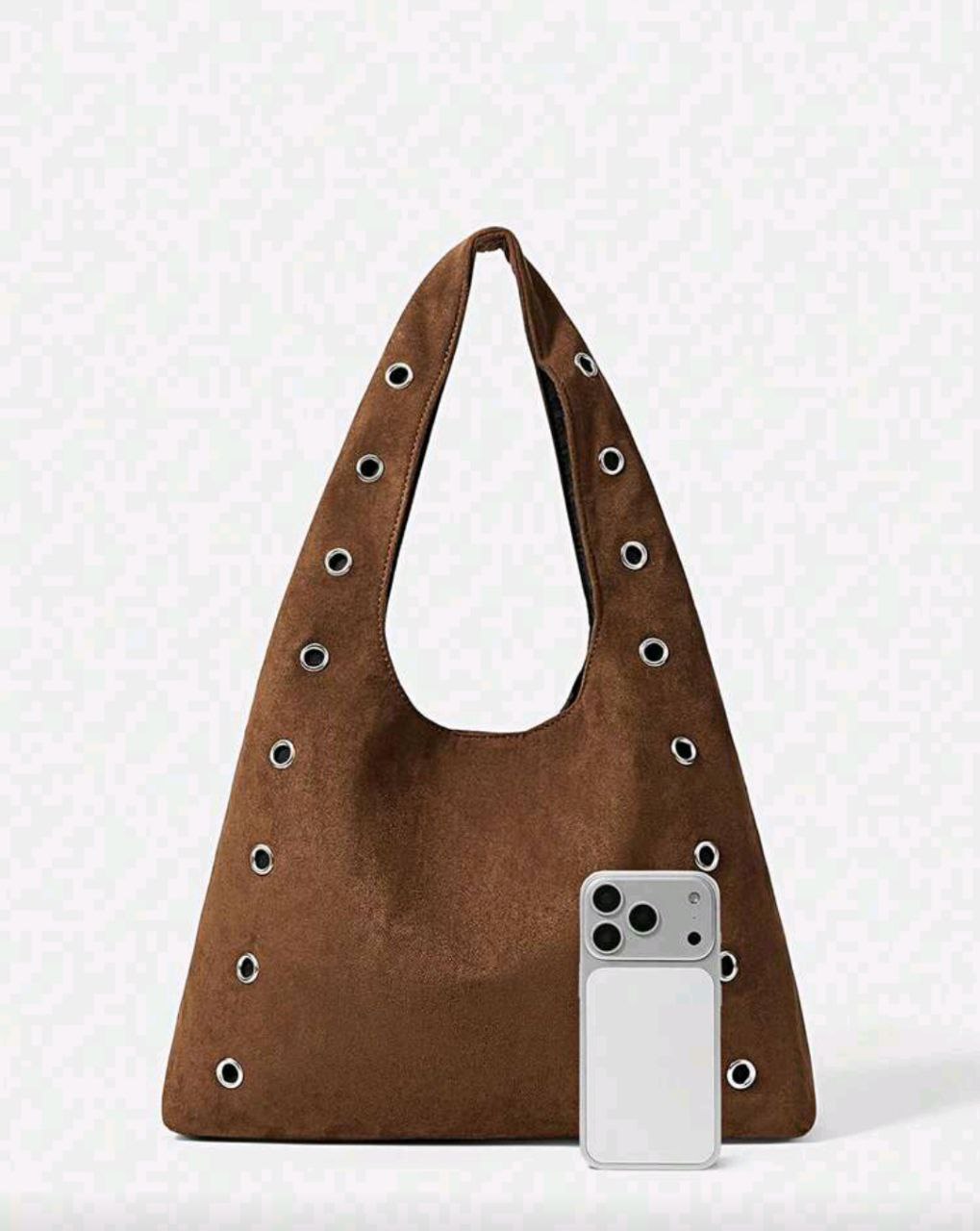 Women’s Rivet Decor Shoulder Tote Bag – Brown Velvet