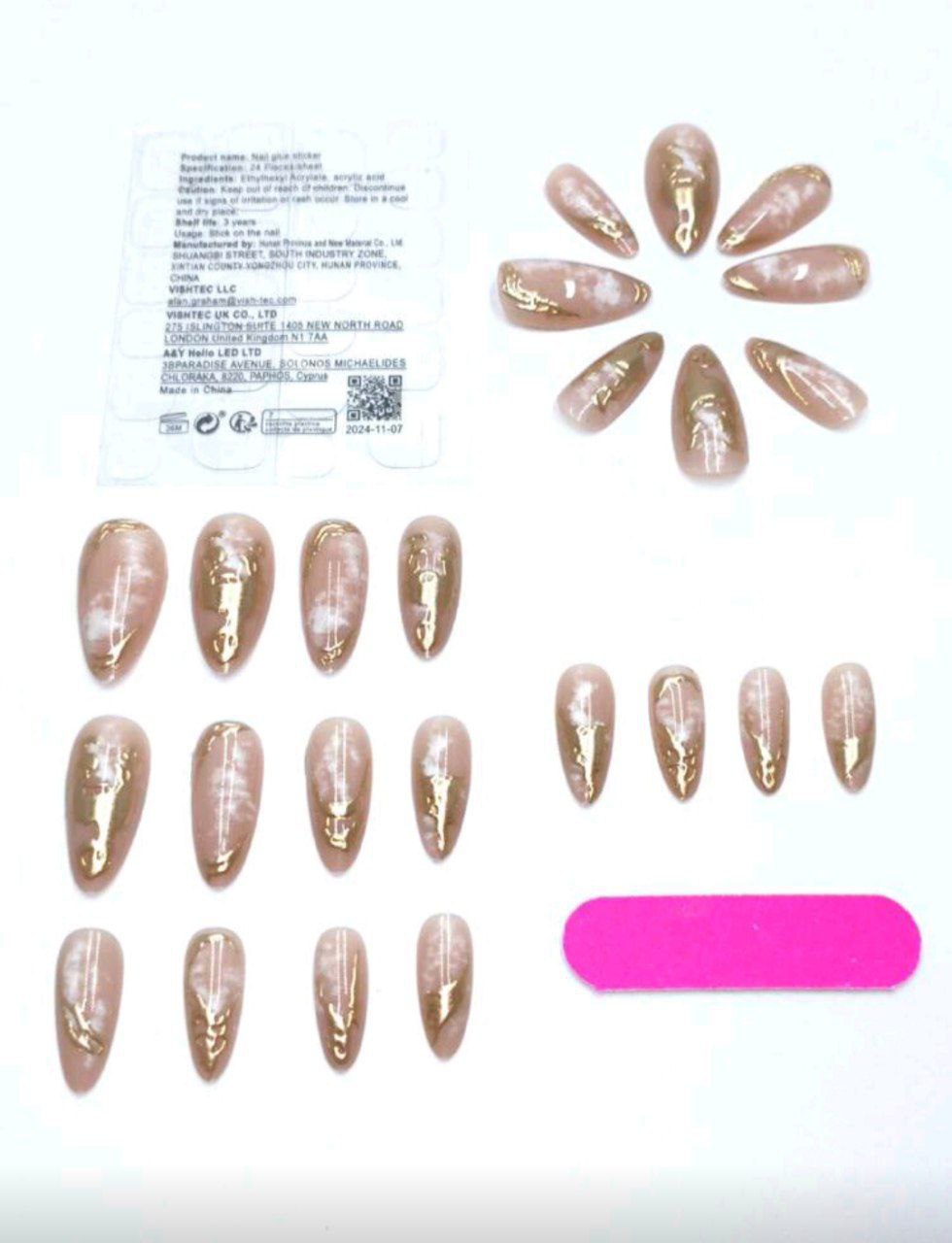 24pcs 3D Gold Metallic French Almond Press-On Nails with Rhinestones