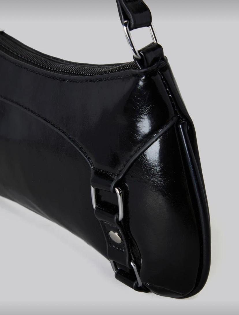 Y2K Patent PU Leather Shoulder Bag – Black Glossy Baguette
