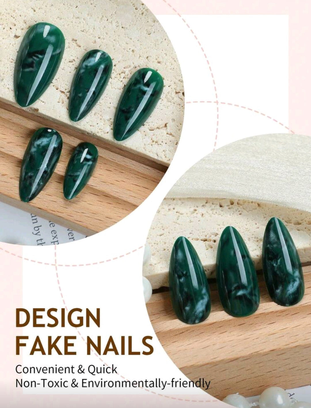 24PCS Medium Almond Tie-Dye Marble Press-On Nails – Green Gradient
