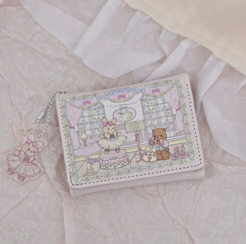 Cute Rabbit & Bear Pink Tri-Fold Wallet – Multi-Card Holder Mini Coin Purse for Women