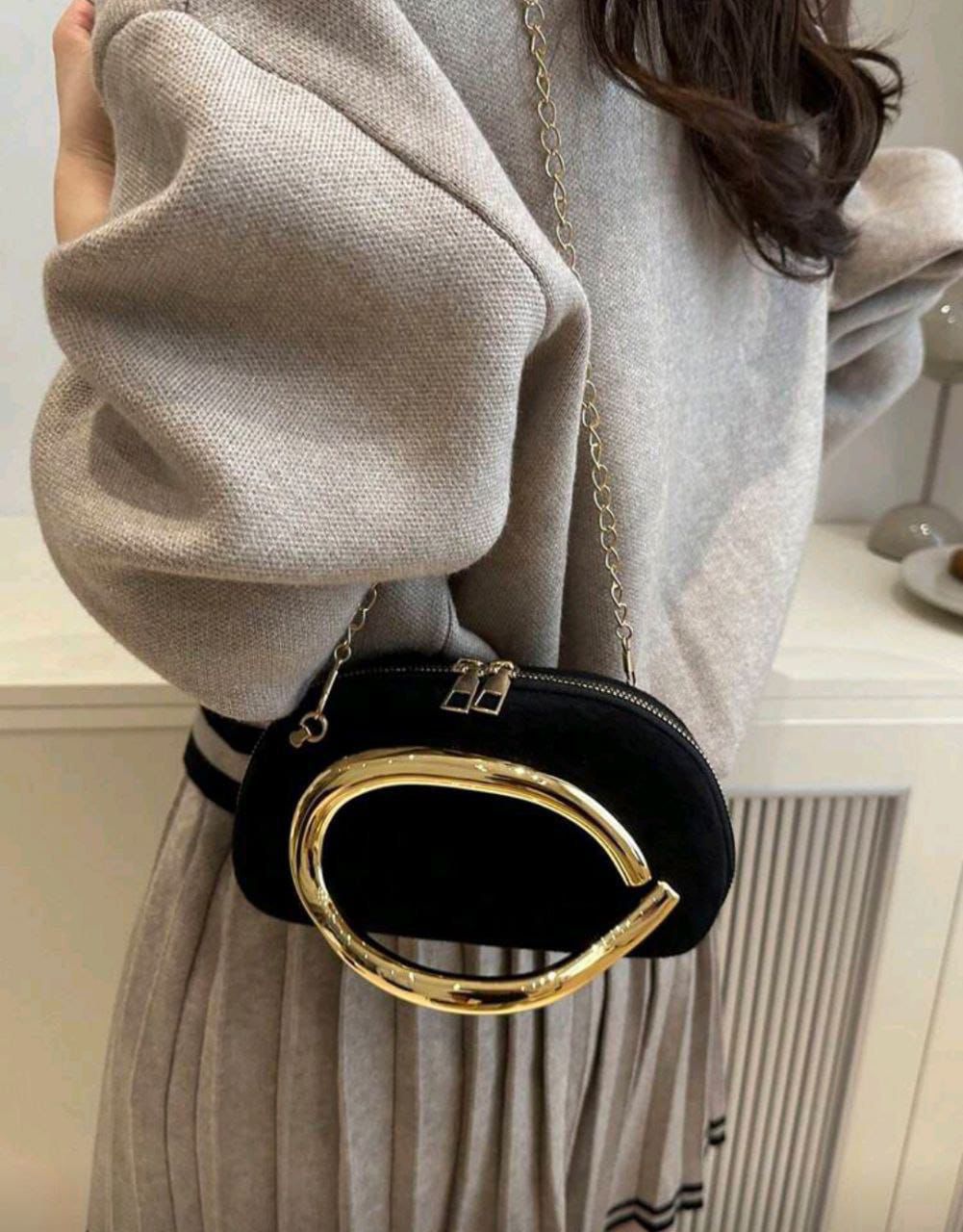 Elegant Black Velvet Crossbody Bag with Gold Metal Decor