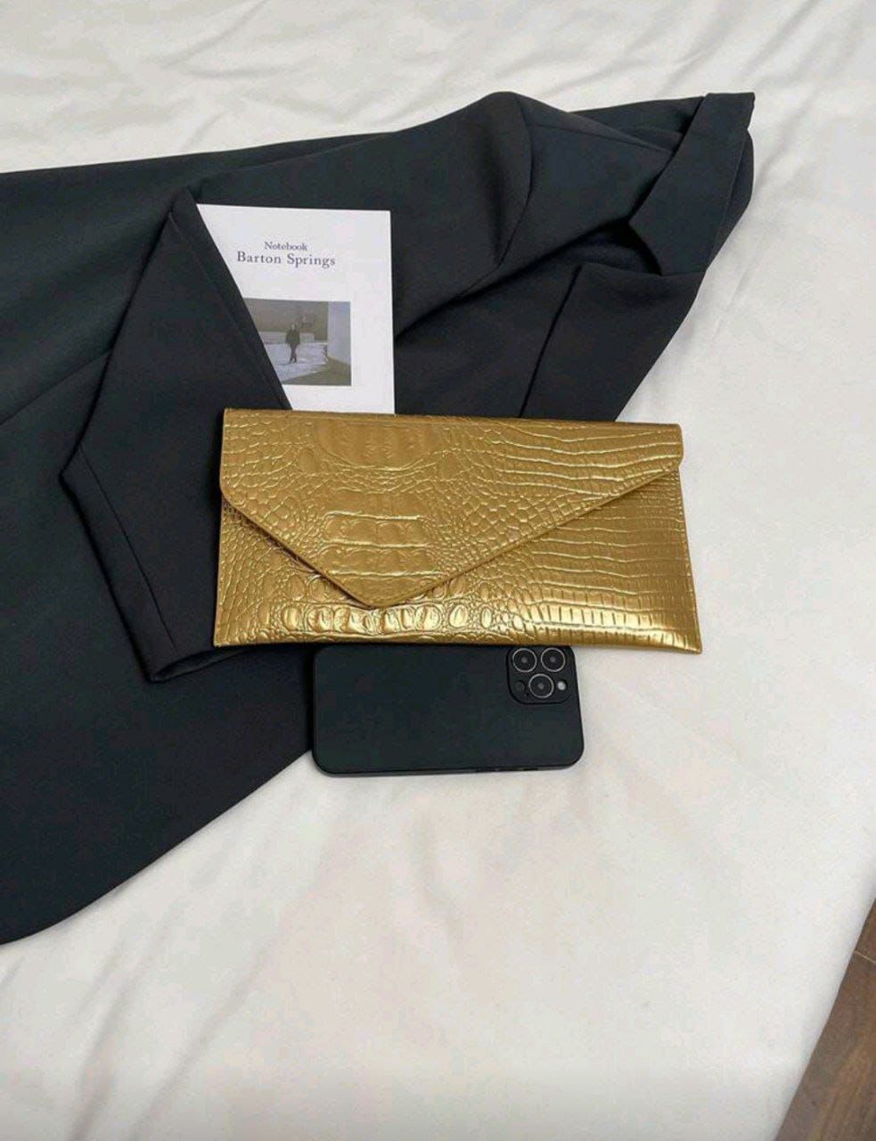 Crocodile Embossed Envelope Clutch Bag for Women – Gold & Silver PU