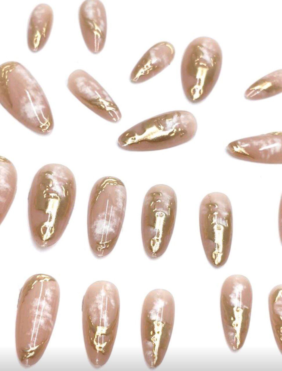 24pcs 3D Gold Metallic French Almond Press-On Nails with Rhinestones