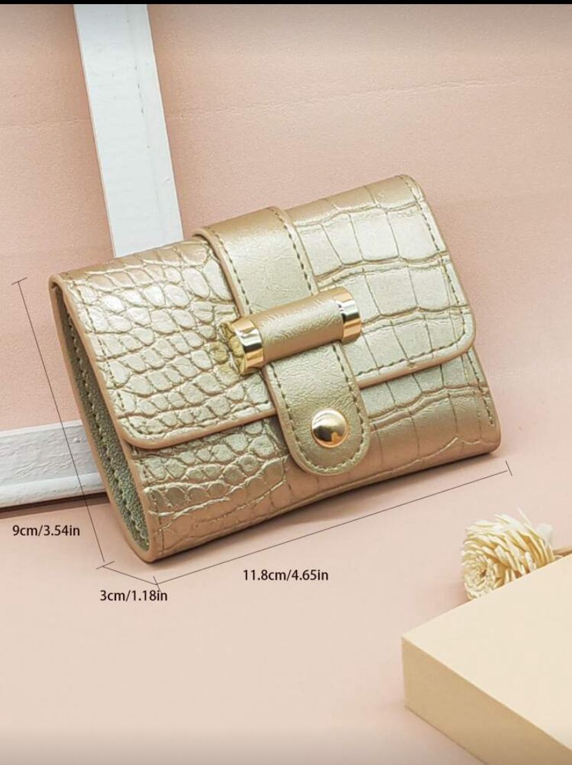 Gold Metallic Crocodile Fold-Over Wallet – Small Bi-Fold Card & Cash Organizer for Women