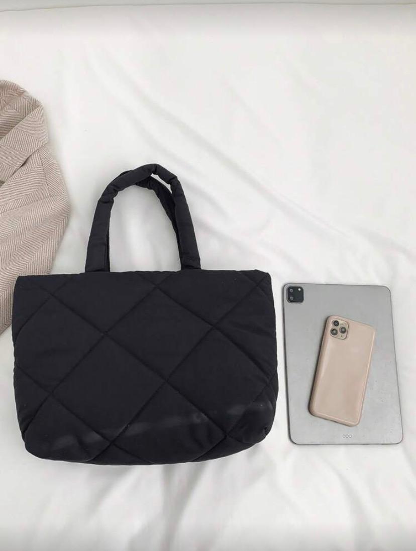 Fashionable Quilted Embroidery Tote Bag – Black Multifunctional Fabric Shoulder Handbag