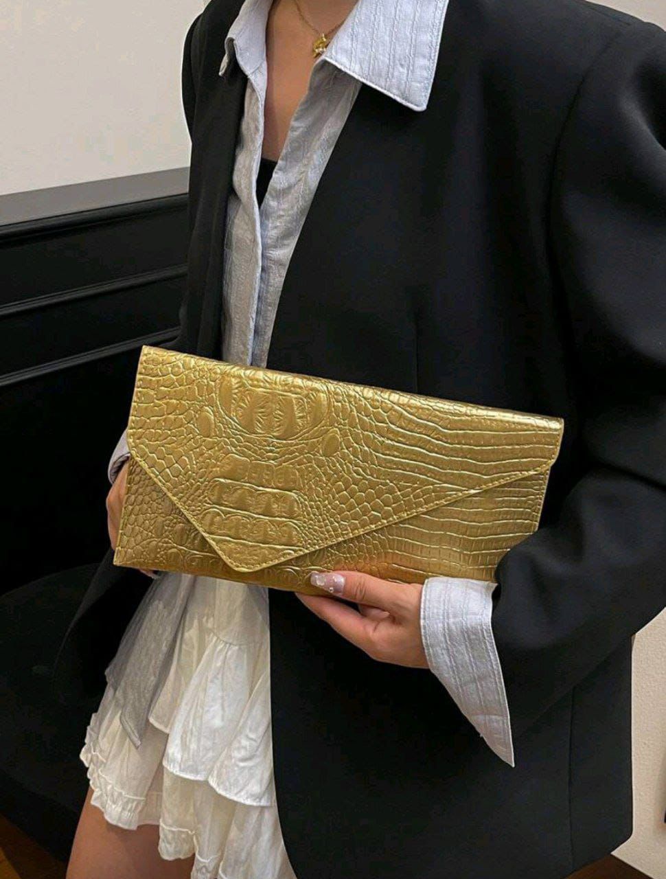 Crocodile Embossed Envelope Clutch Bag for Women – Gold & Silver PU