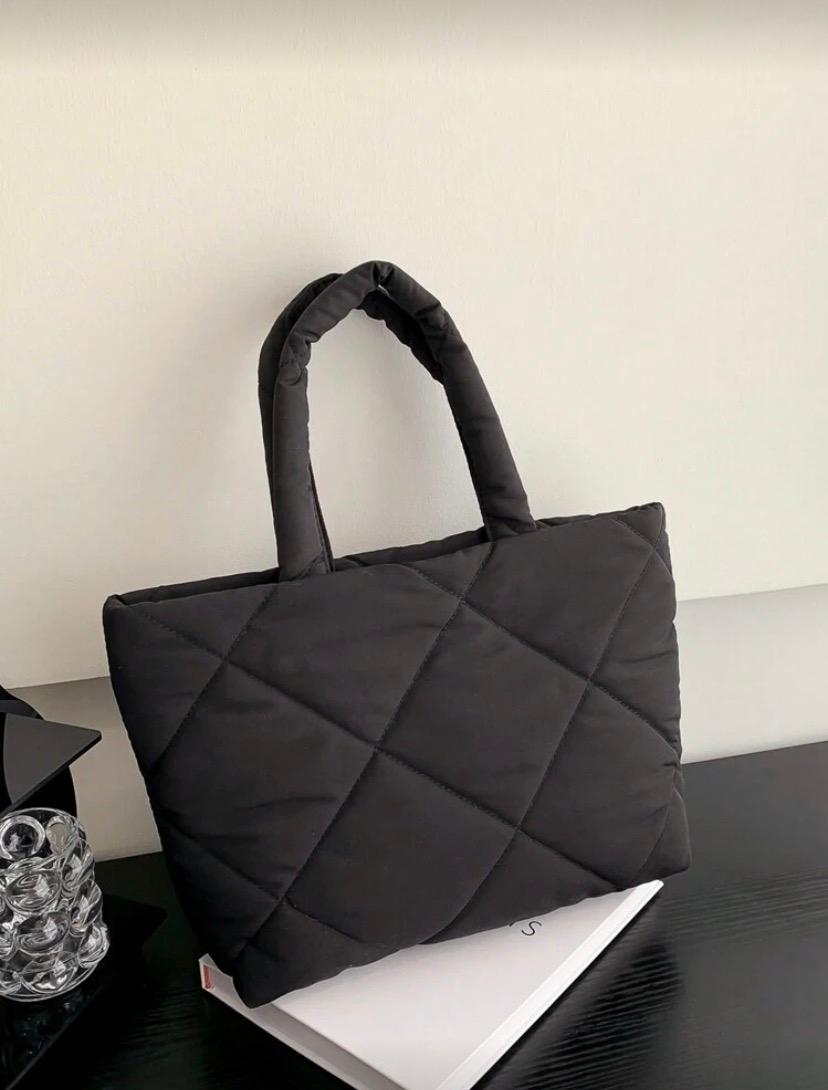 Fashionable Quilted Embroidery Tote Bag – Black Multifunctional Fabric Shoulder Handbag