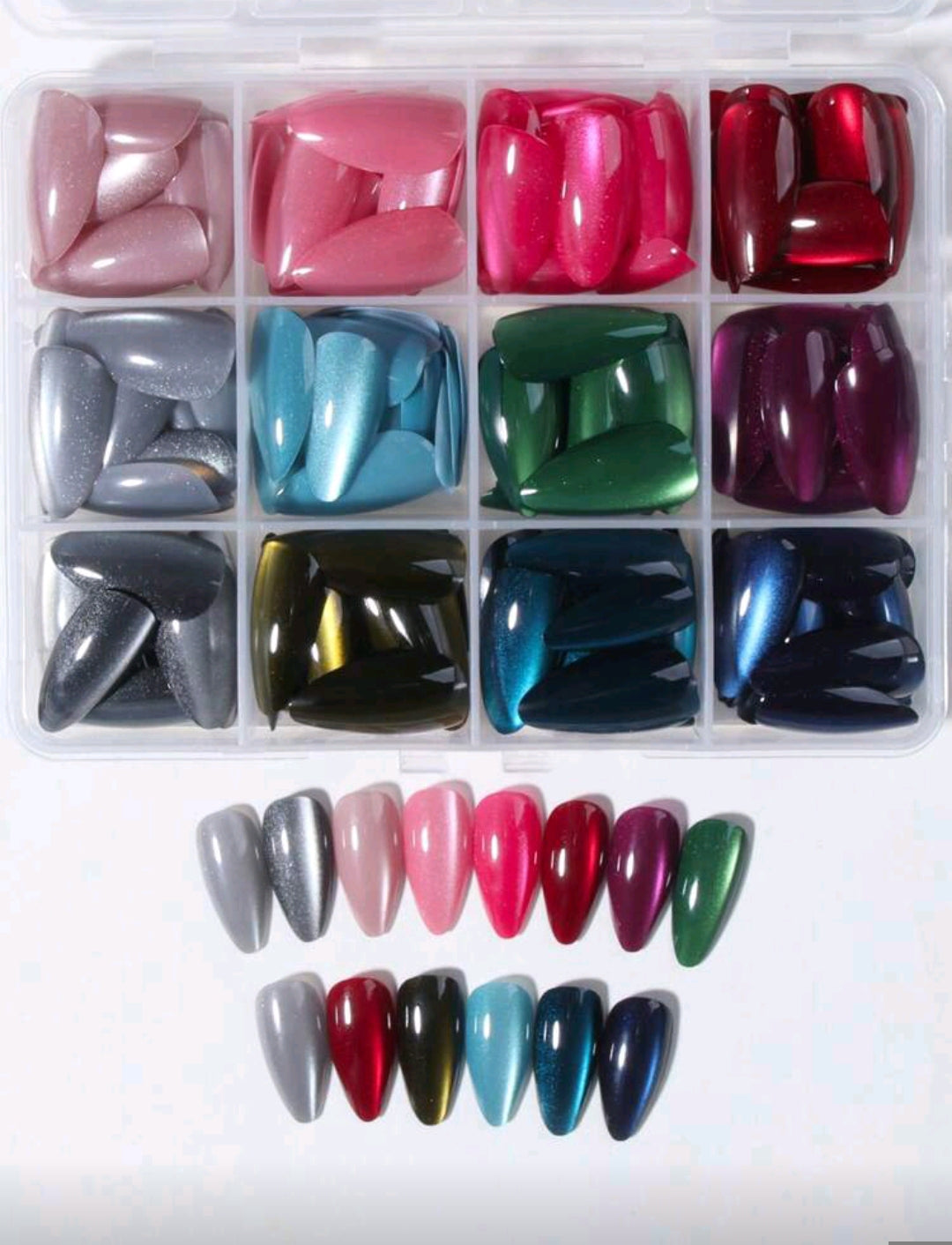 24PCS Y2K Long Almond Cat Eye Press-On Nails Set – Glossy Crystal Design