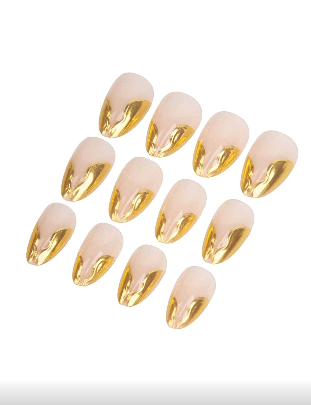 24PCS Short Almond Gold Tip Press-On Nails – 3D Gold Foil Wave Design