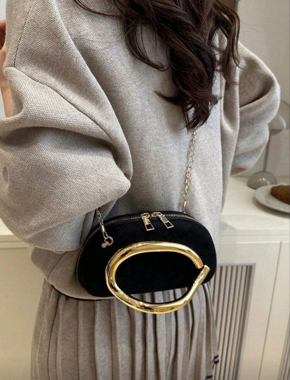 Elegant Black Velvet Crossbody Bag with Gold Metal Decor
