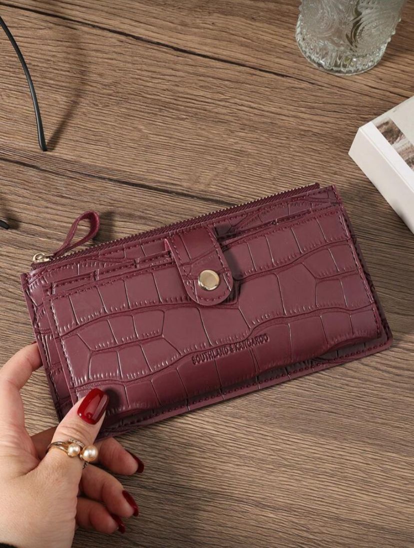 Burgundy Crocodile Embossed Long Wallet – Fold Over Zipper Card & Cash Organizer for Women