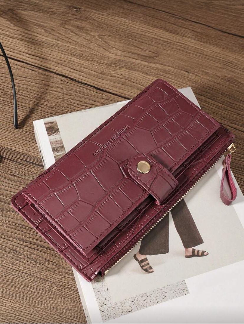 Burgundy Crocodile Embossed Long Wallet – Fold Over Zipper Card & Cash Organizer for Women