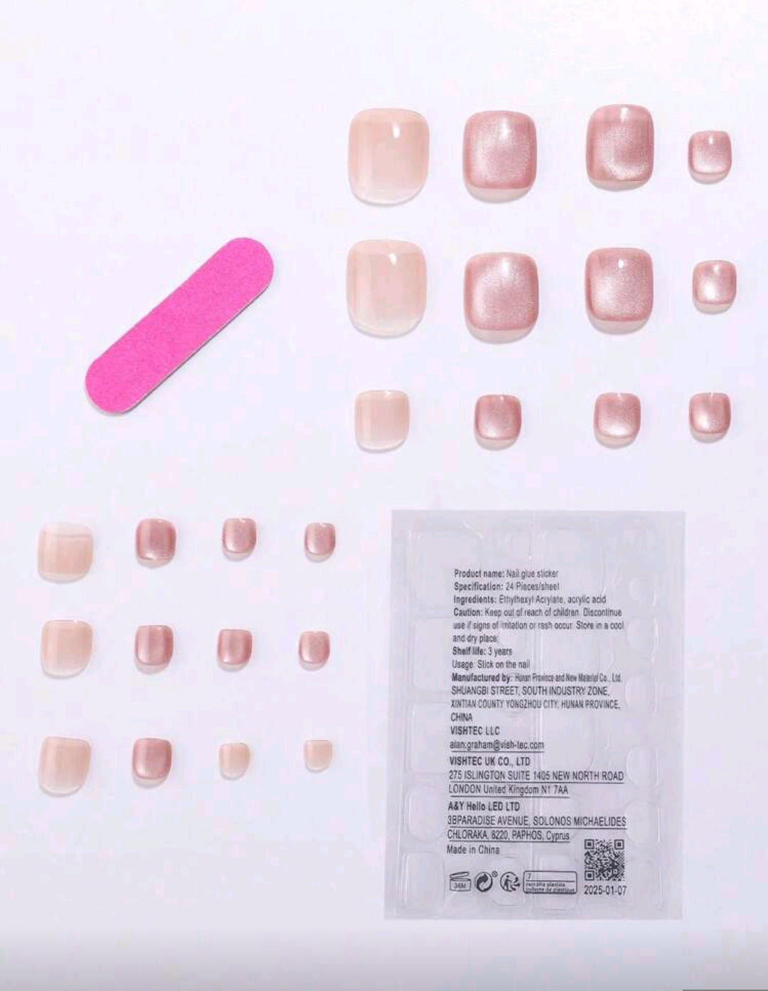 24pcs Short Square Pink Crystal Cat Eye Press-On Toenails Set