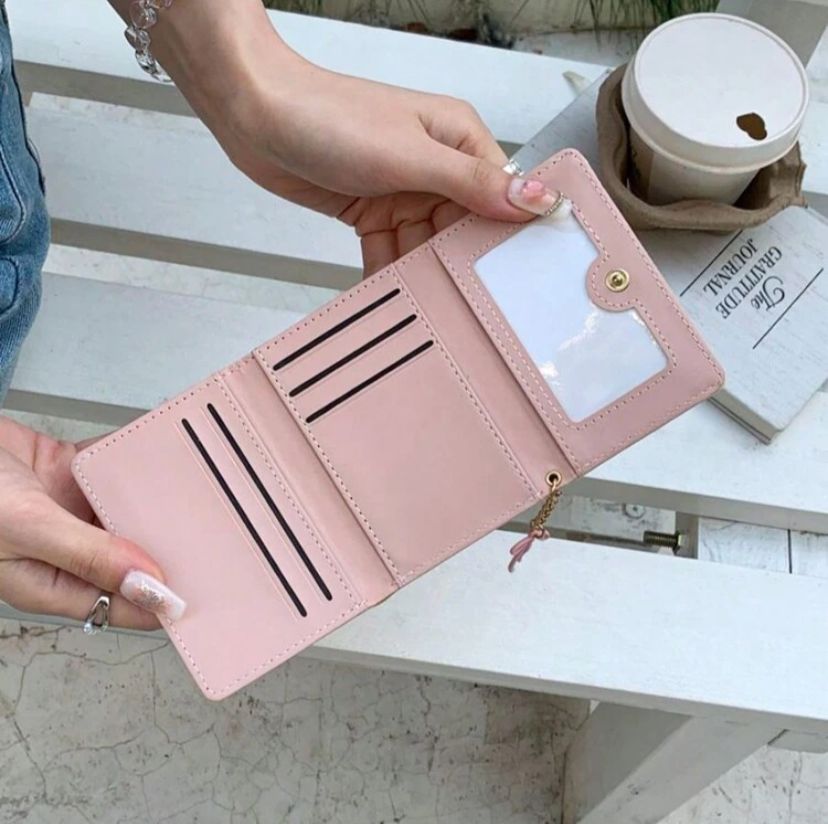 Korean Bow Tri-Fold Short Wallet – Cute Pink Multi-Card Coin Purse for Women