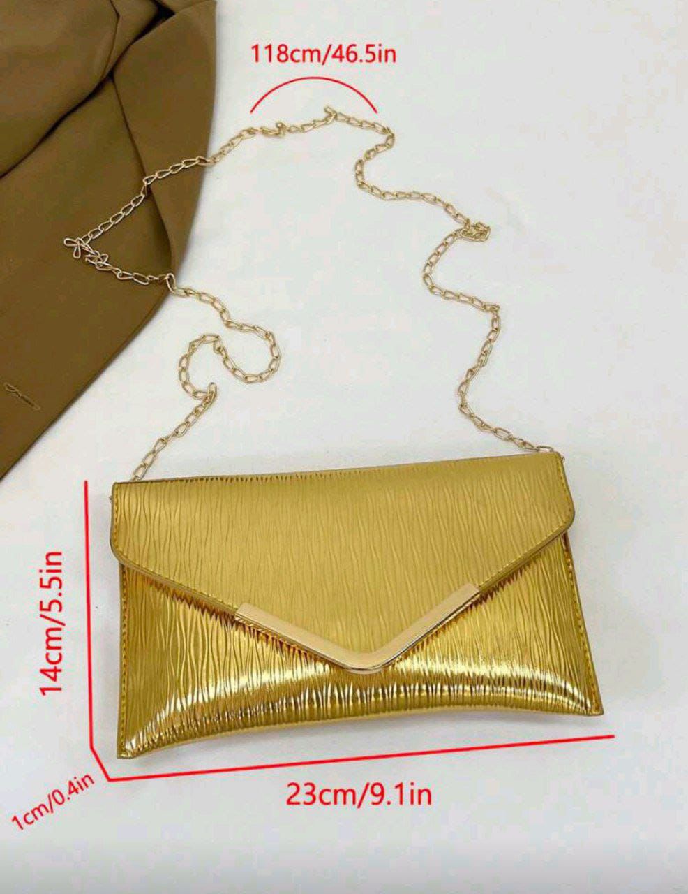 Gold Textured Flap Chain Shoulder Bag – Elegant Evening Envelope Party Handbag