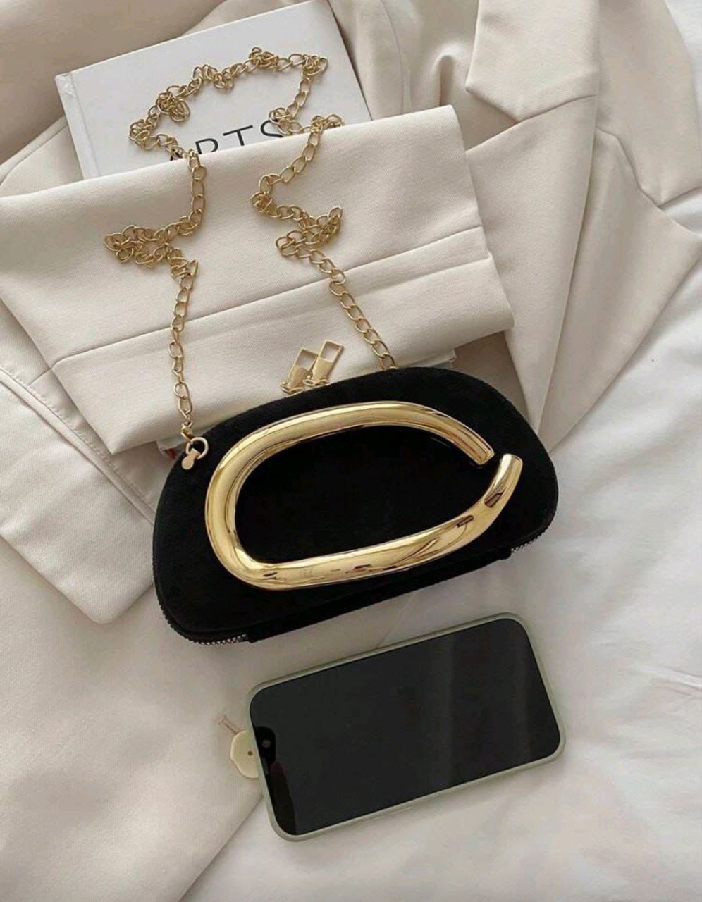Elegant Black Velvet Crossbody Bag with Gold Metal Decor