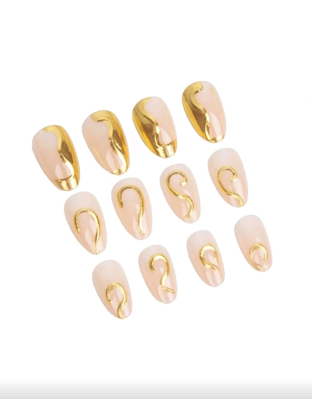 24PCS Short Almond Gold Tip Press-On Nails – 3D Gold Foil Wave Design