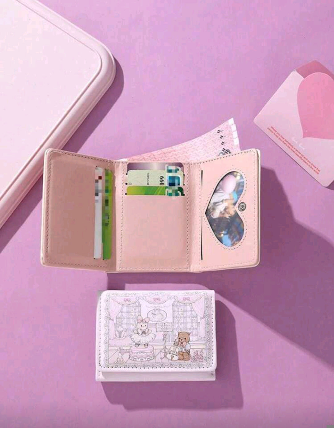 Cute Rabbit & Bear Pink Tri-Fold Wallet – Multi-Card Holder Mini Coin Purse for Women