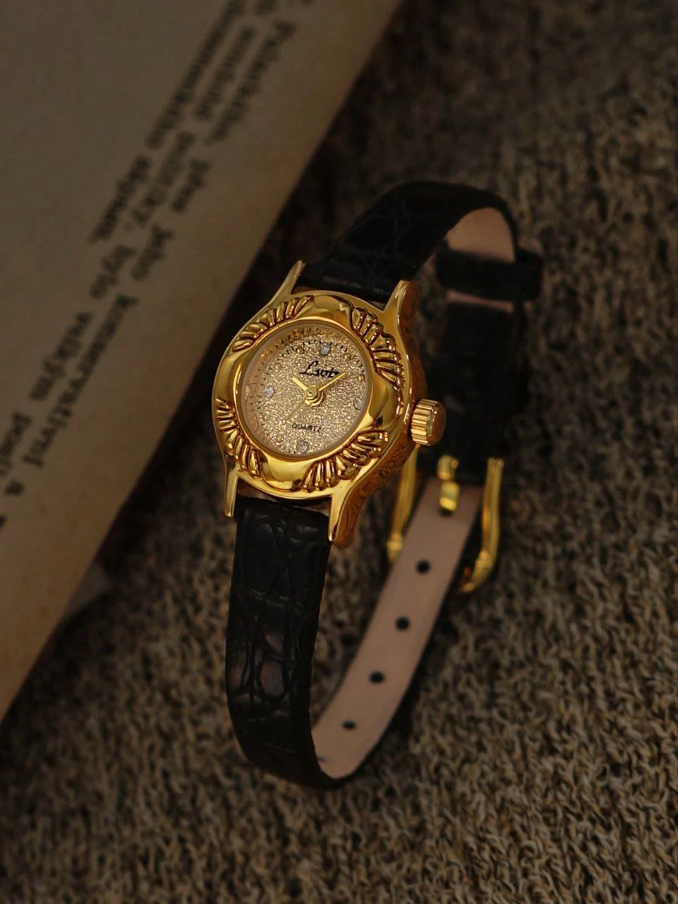 Vintage French Engraved Gold-Tone Small Dial Women’s Quartz Watch