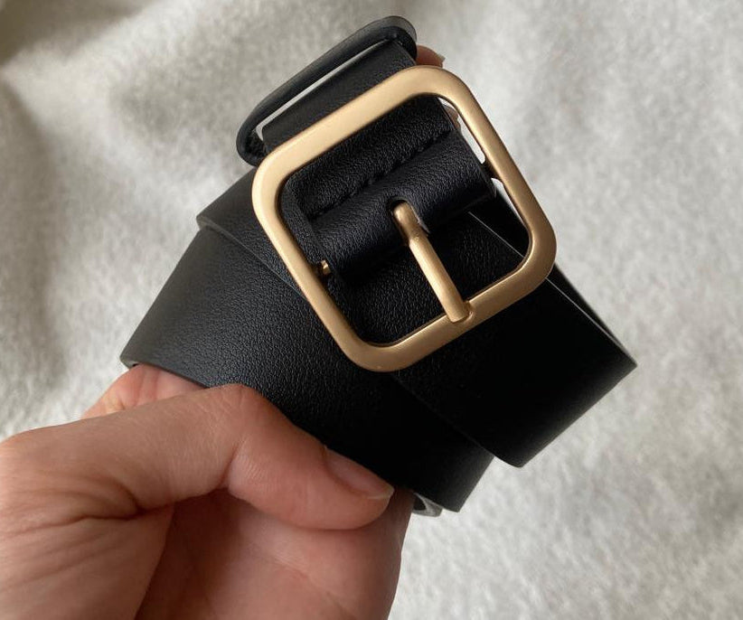 Black PU Leather Wide Belt with Gold Square Buckle – 100cm