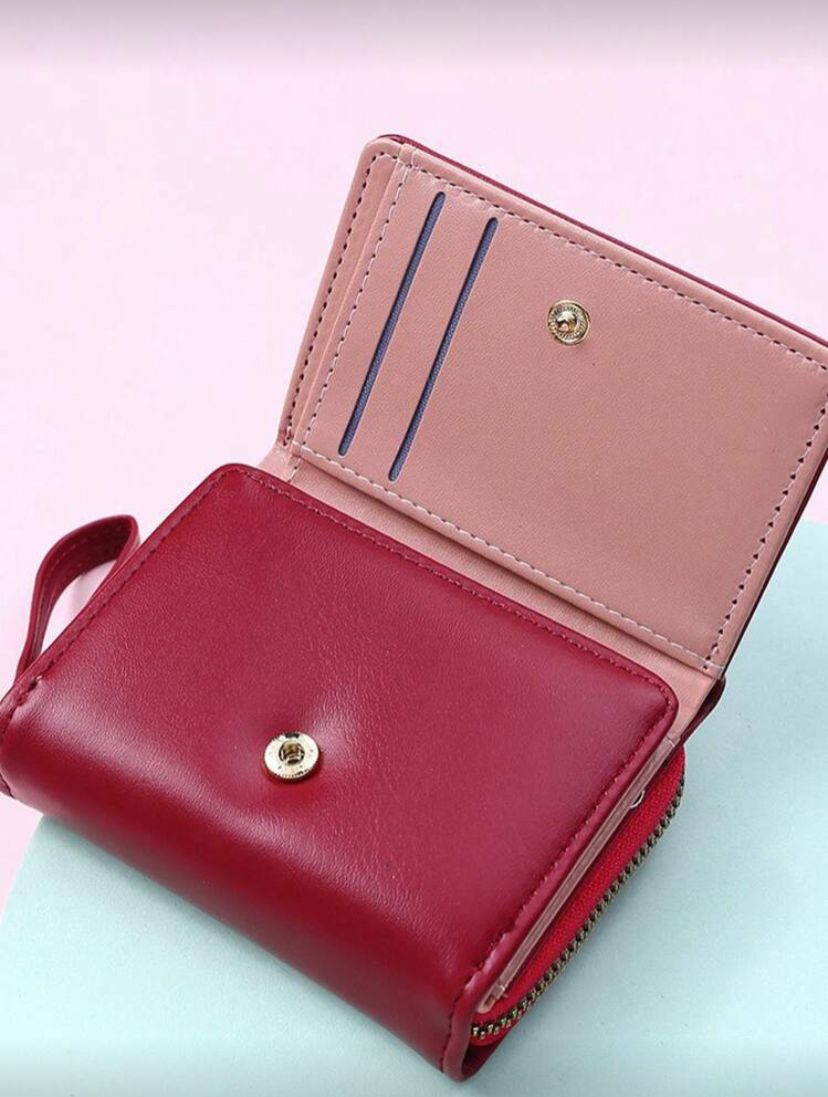 Burgundy Wallet – Cartoon Tri-Fold Zipper Coin & Card Holder for Women