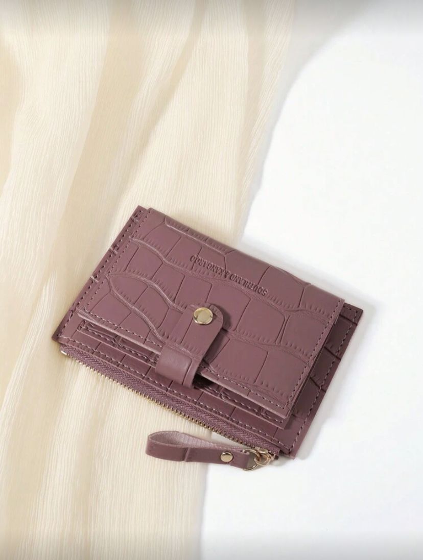 Crocodile Embossed Mini Card Holder Wallet – Slim Portable Card & Coin Wallet for Women (Dusty Pink)