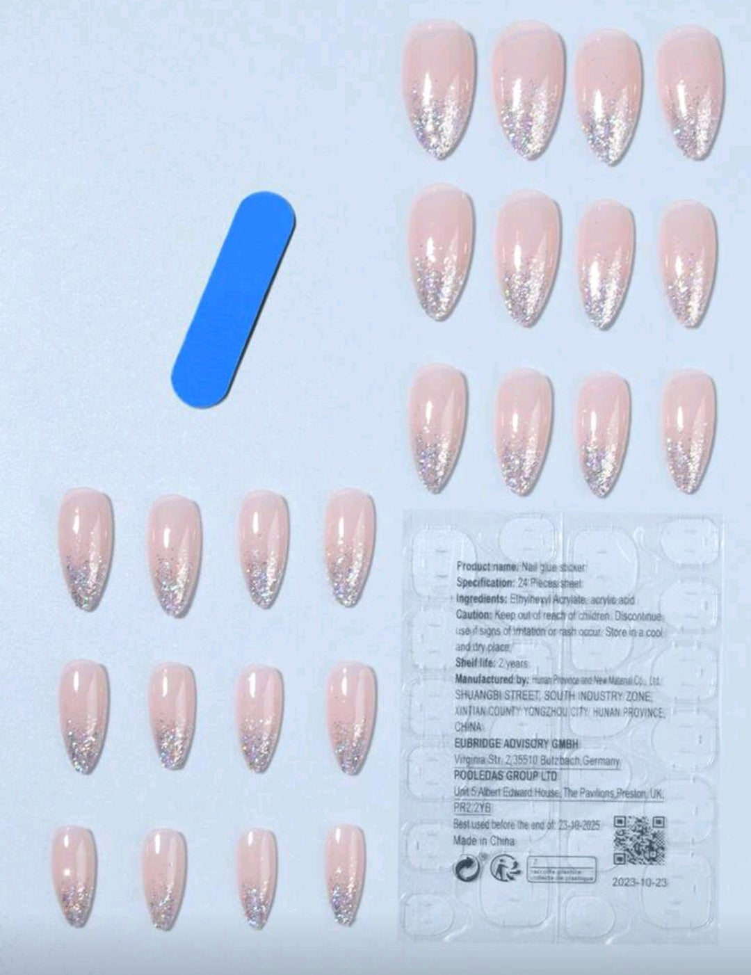 24PCS Long Almond Ombre Glitter Press-On Nails – Silver / Gold