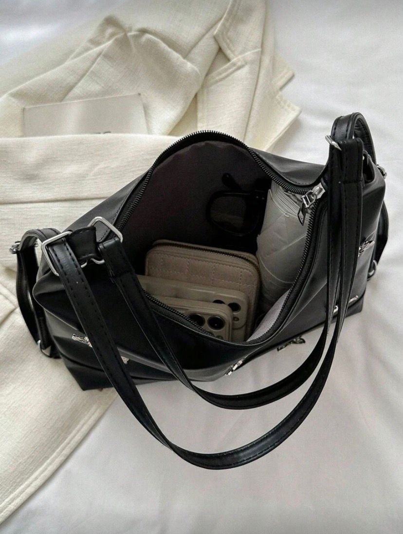 Solid Color Stone Pattern Bowknot PU Leather Shoulder & Backpack – Black