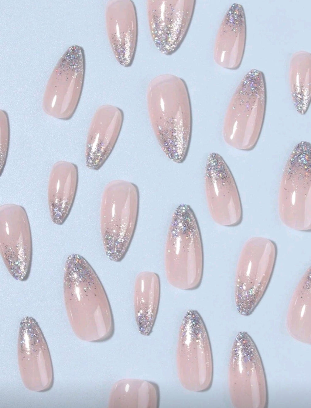 24PCS Long Almond Ombre Glitter Press-On Nails – Silver / Gold
