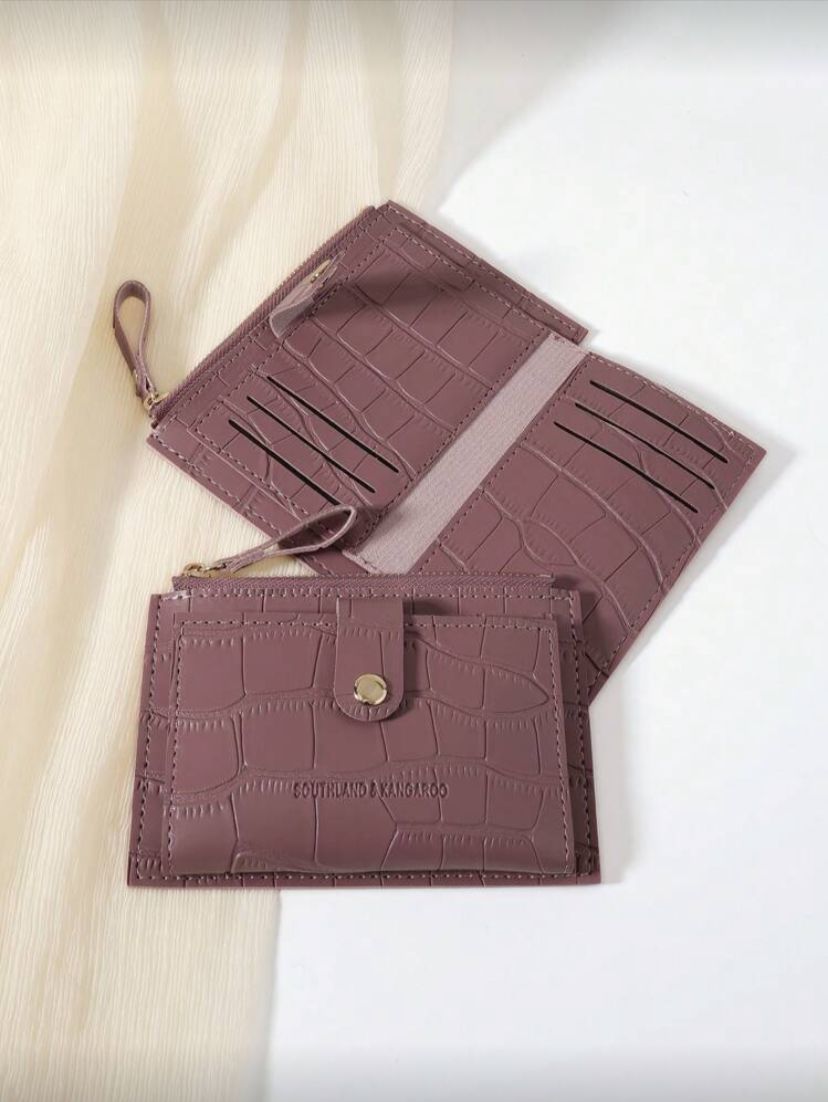 Crocodile Embossed Mini Card Holder Wallet – Slim Portable Card & Coin Wallet for Women (Dusty Pink)