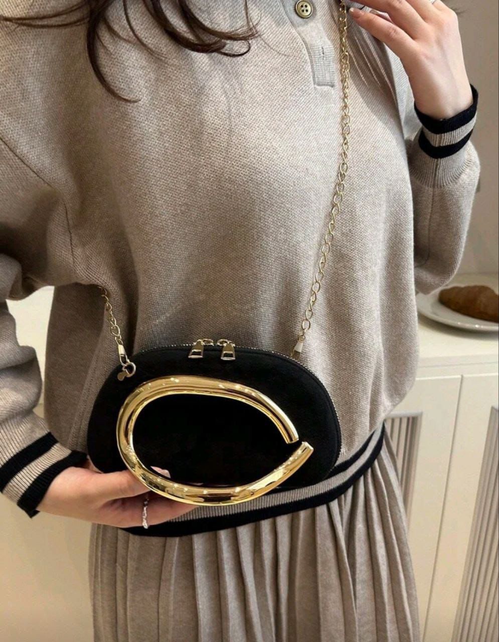 Elegant Black Velvet Crossbody Bag with Gold Metal Decor