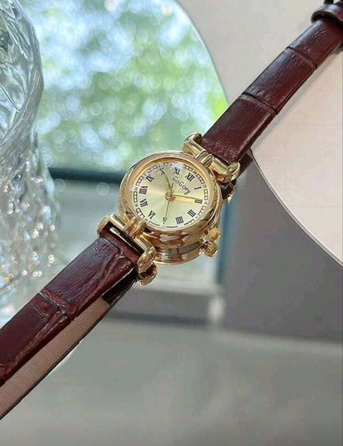 French Vintage Compact Quartz Watch for Women – Brown PU Leather Strap