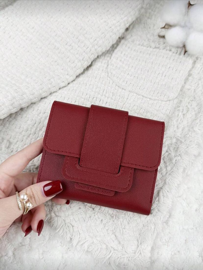 PU Triple Fold Flap Wallet – Small Portable Card & Photo Holder for Women (Red / Burgundy)