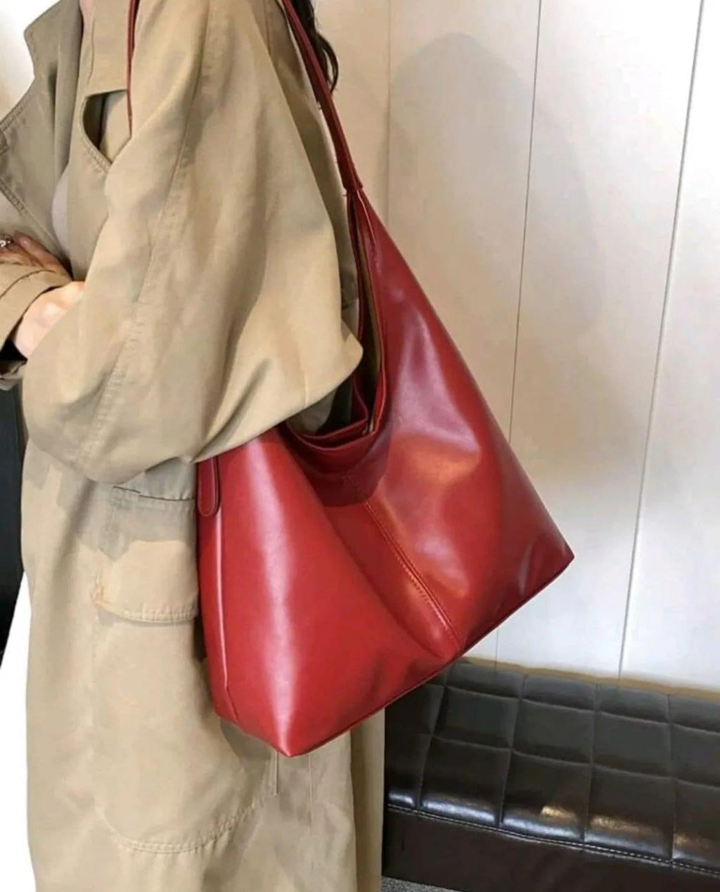 Large Red PU Leather Tote Shoulder Bag for Women