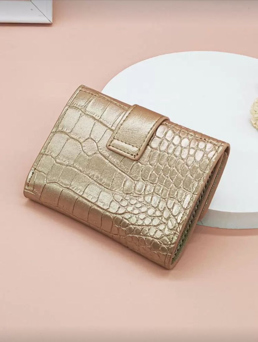 Gold Metallic Crocodile Fold-Over Wallet – Small Bi-Fold Card & Cash Organizer for Women