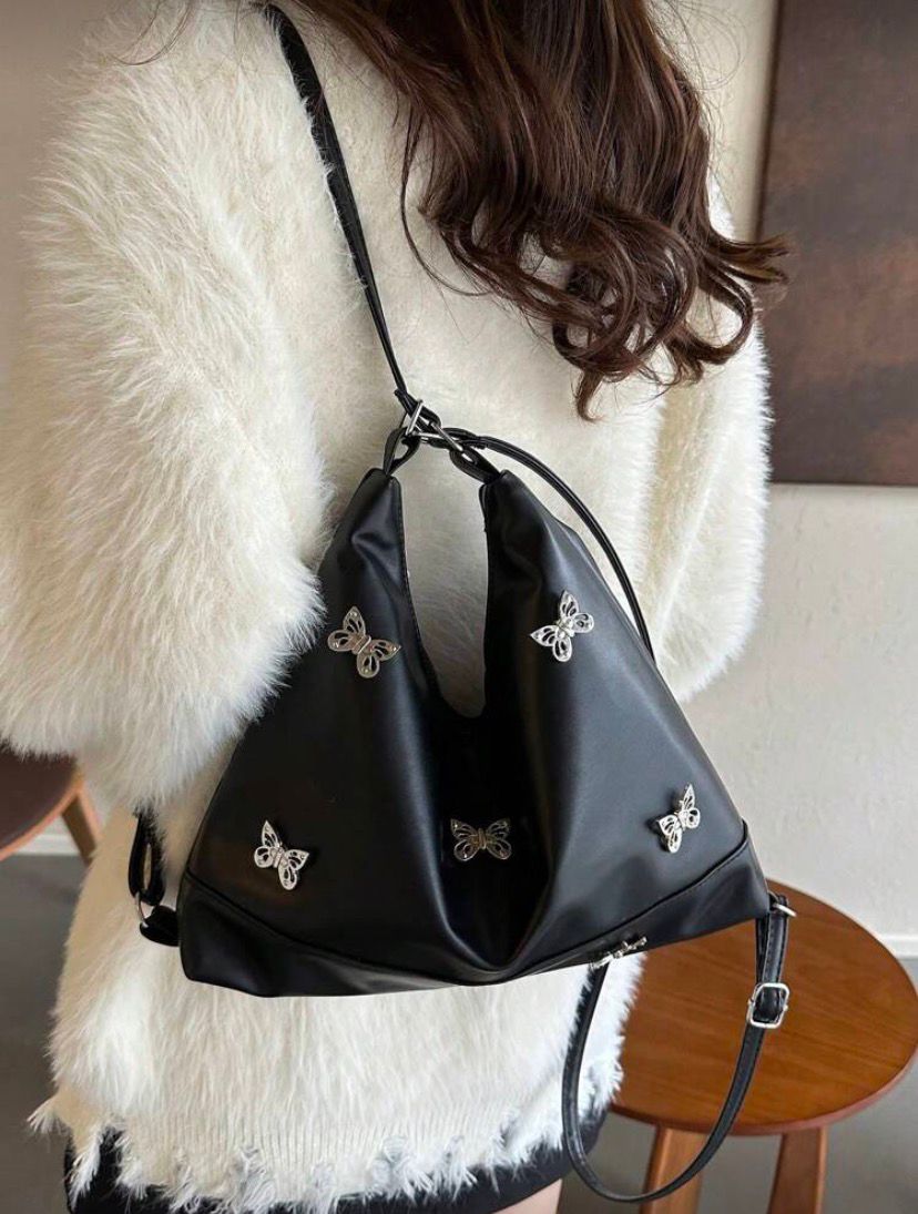 Solid Color Stone Pattern Bowknot PU Leather Shoulder & Backpack – Black