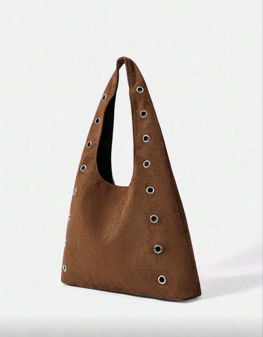 Women’s Rivet Decor Shoulder Tote Bag – Brown Velvet