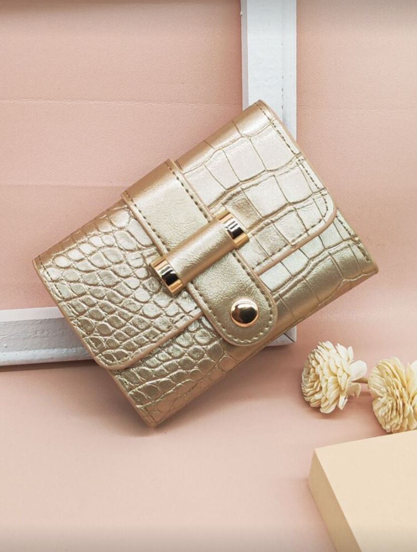 Gold Metallic Crocodile Fold-Over Wallet – Small Bi-Fold Card & Cash Organizer for Women