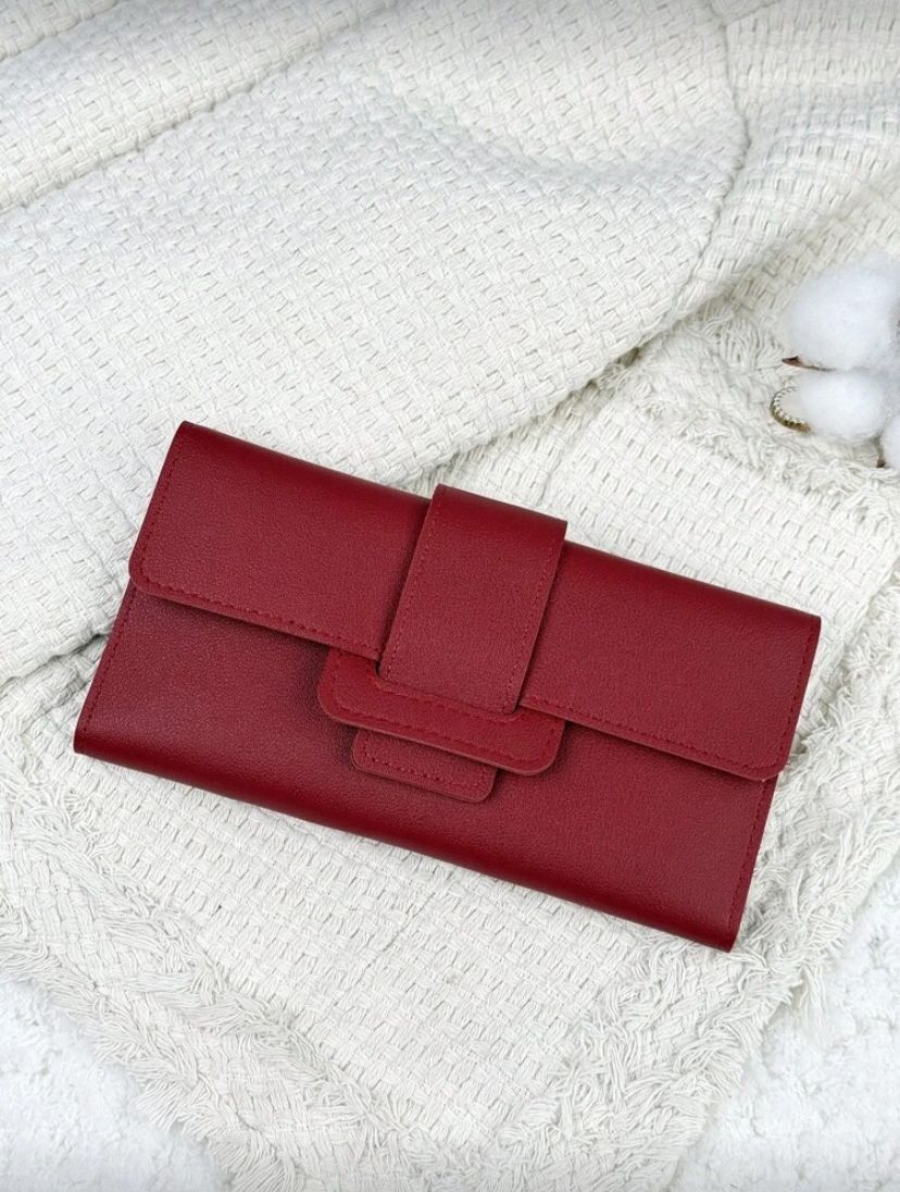 Vintage Burgundy Fold-Over Long Wallet – Slim Multi-Card Zipper Organizer for Women