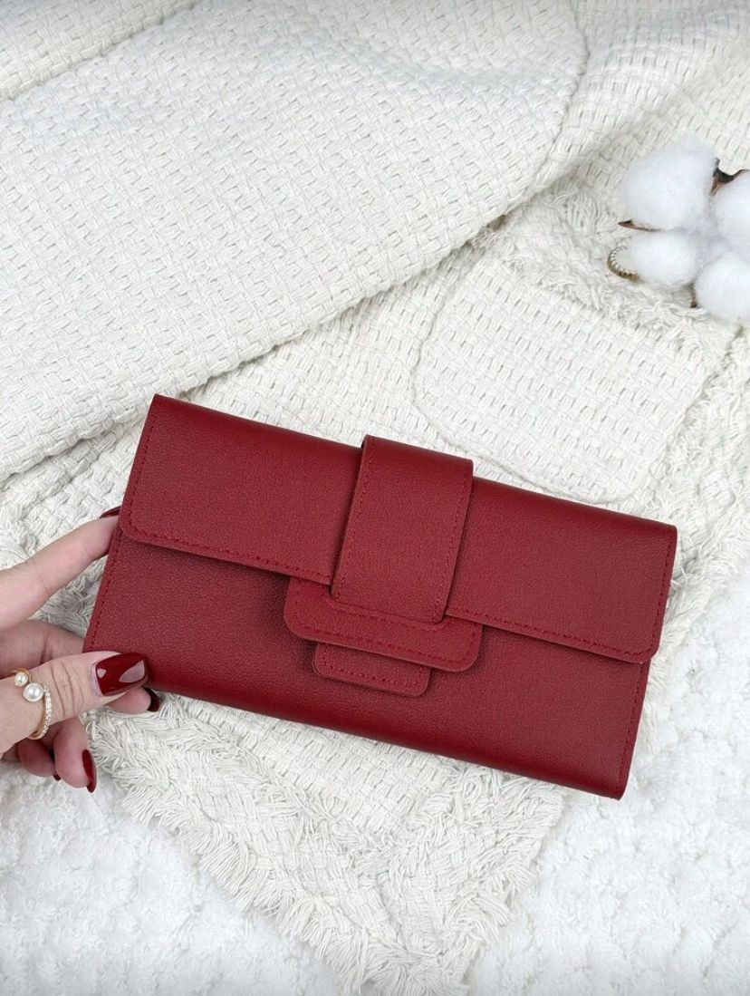 Vintage Burgundy Fold-Over Long Wallet – Slim Multi-Card Zipper Organizer for Women