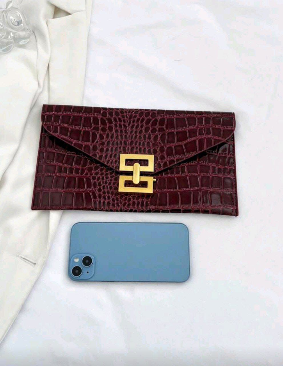 New Design Mini Envelope Bag – Crocodile Pattern Vintage Clutch ( Black, Burgundy & Gold )