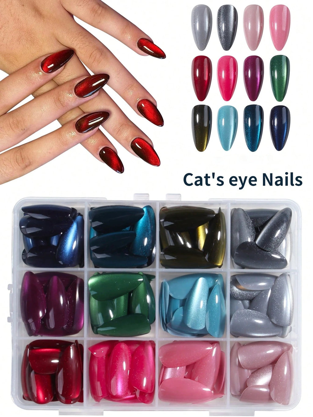 24PCS Y2K Long Almond Cat Eye Press-On Nails Set – Glossy Crystal Design