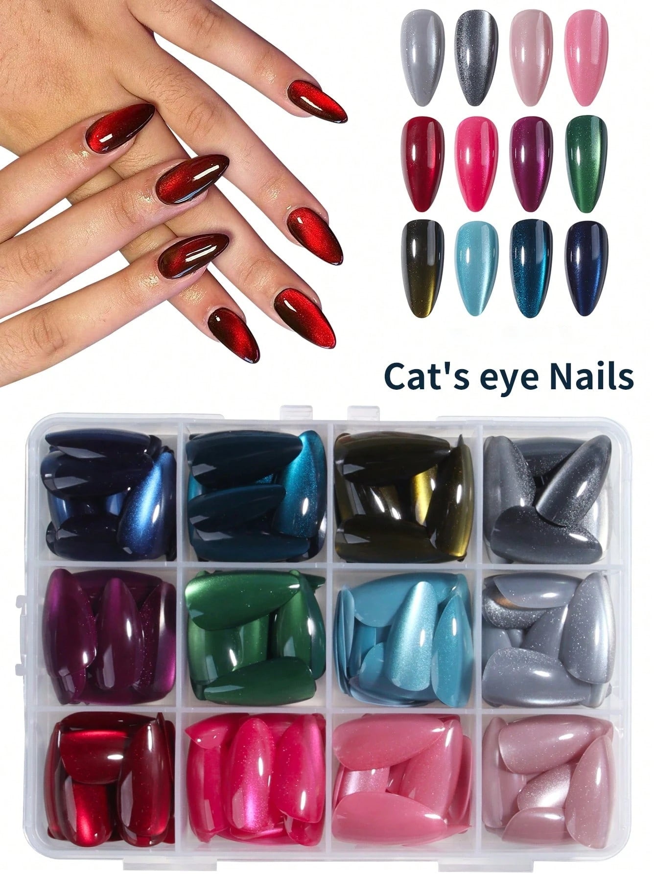 24PCS Y2K Long Almond Cat Eye Press-On Nails Set – Glossy Crystal Design