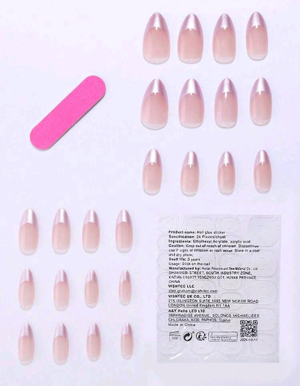 24PCS Bare Almond French Edge Purple Press-On Nails